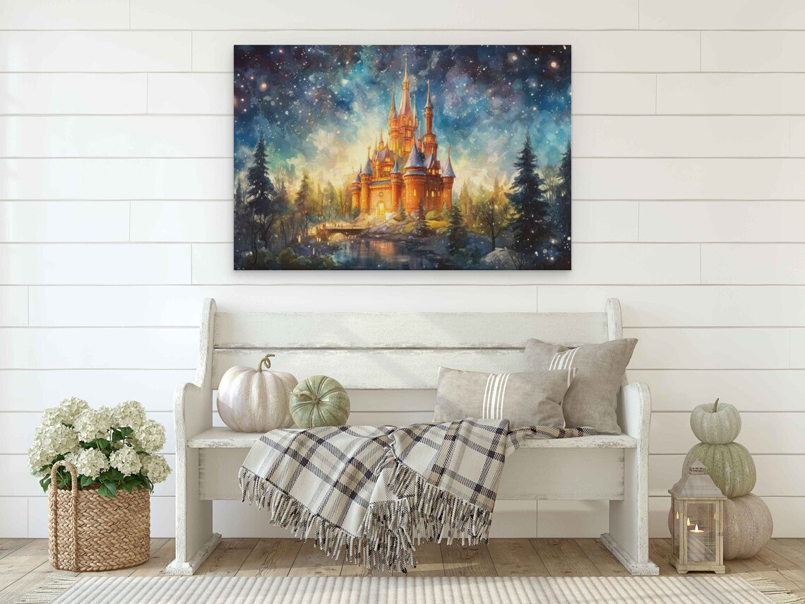 Golden Castle by Lake Glowing Spires Starry Night Snow Art Poster - Image 2