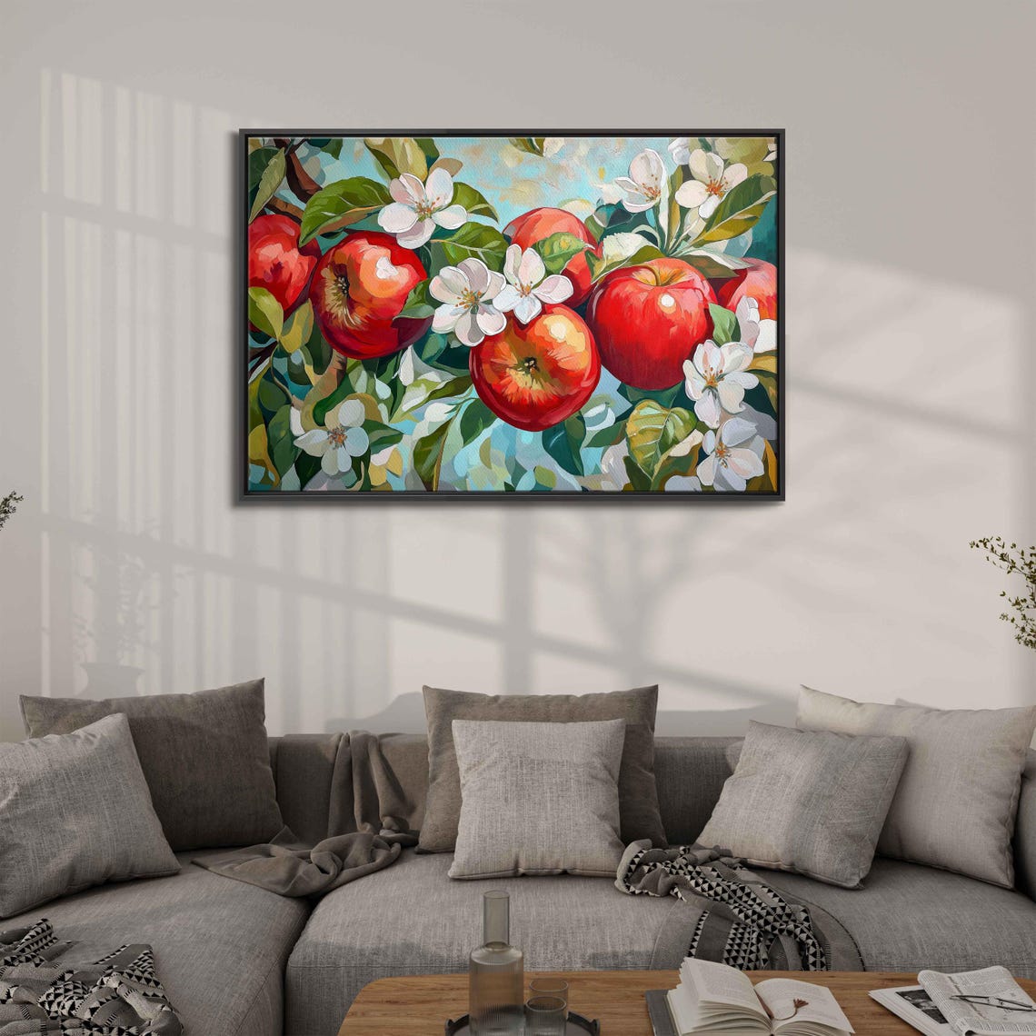 Ripe Red Apples White Apple Blossoms Green Orchard Art Print Poster