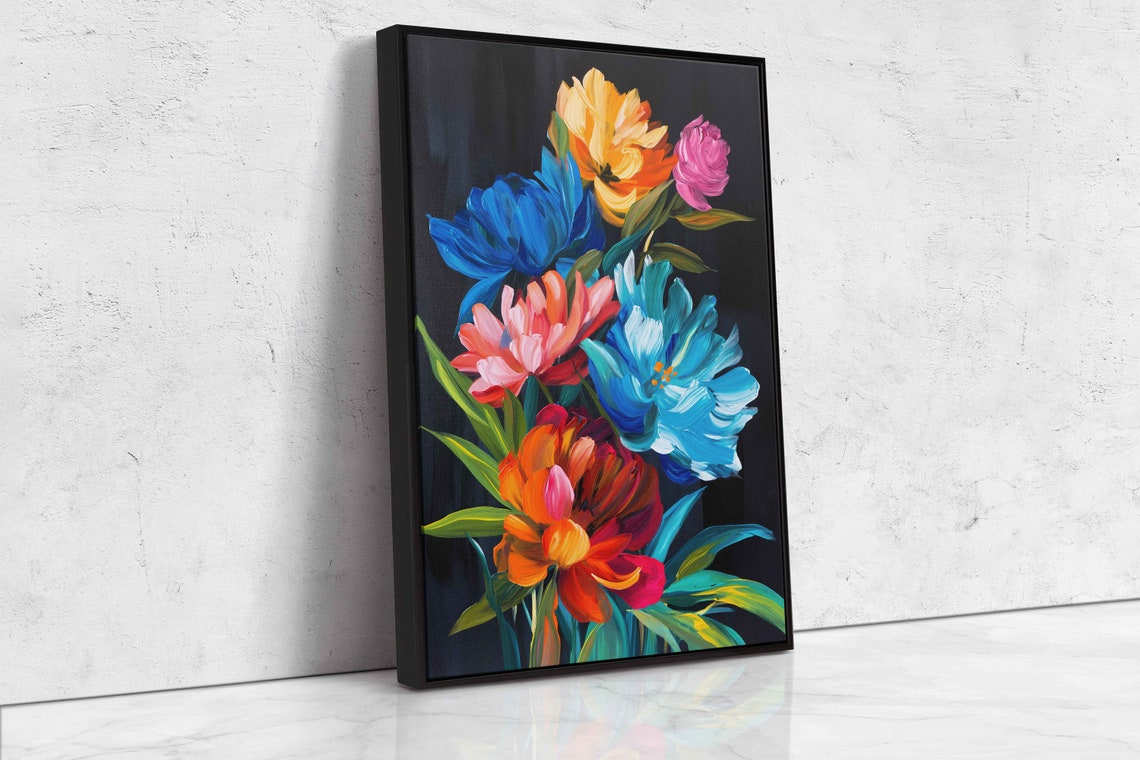 Bold Floral Bouquet Midnight Black Blue Orange Pink Blooms Poster - Image 4