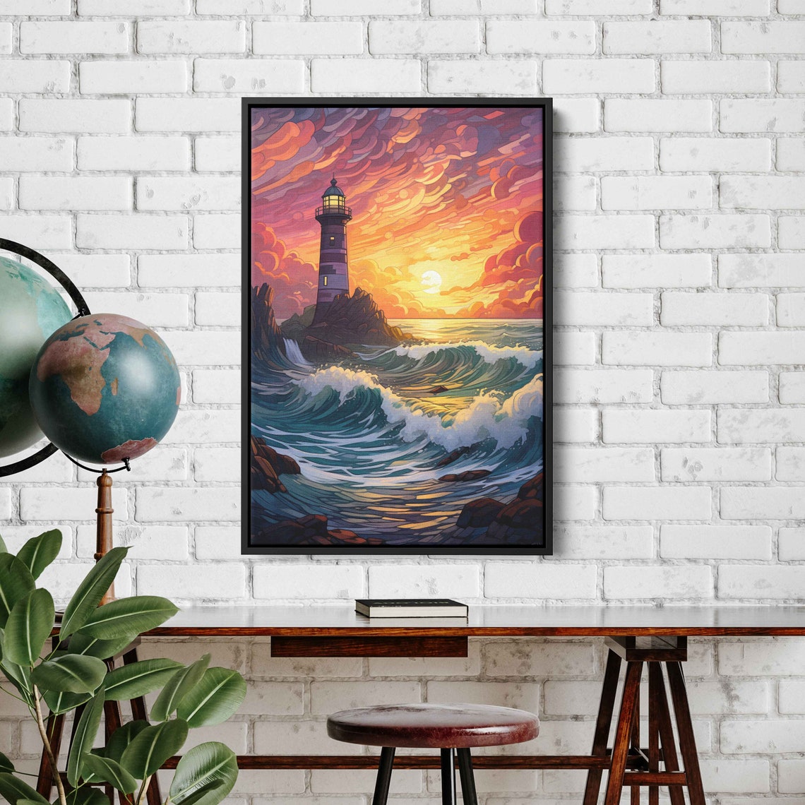 Stylized Lighthouse Above Crashing Waves Colorful Sunset Sky Poster