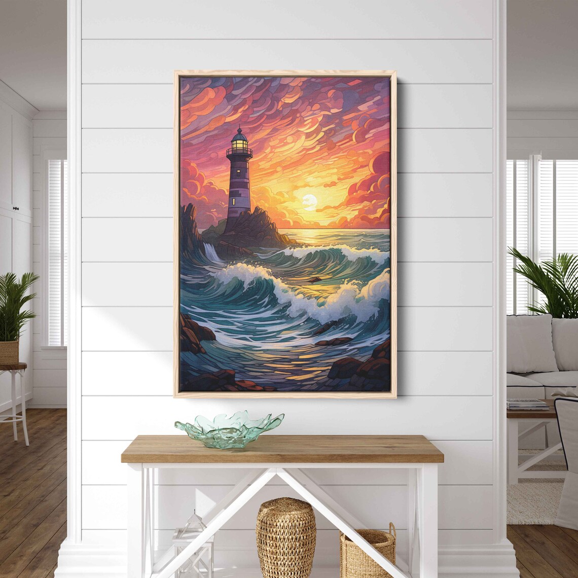 Stylized Lighthouse Above Crashing Waves Colorful Sunset Sky Poster - Image 3