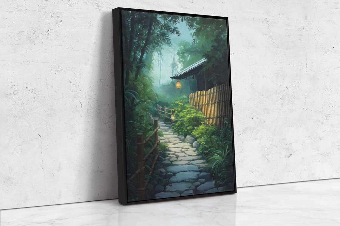 Japanese Zen Garden Stone Path Bamboo Fence Tea House Misty Morning Tranquil Poster - Image 4