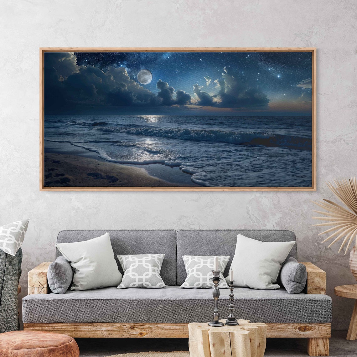 Moonlit Ocean Waves Rolling Onto Sandy Beach Night Sky Poster