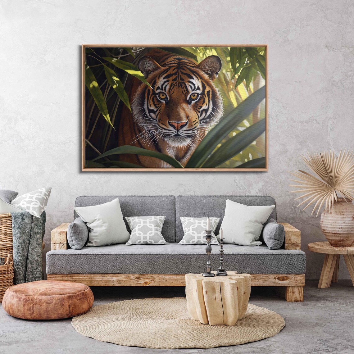 Majestic Tiger Face Peeking Through Jungle Leaves Golden Eyes Portrait Poster