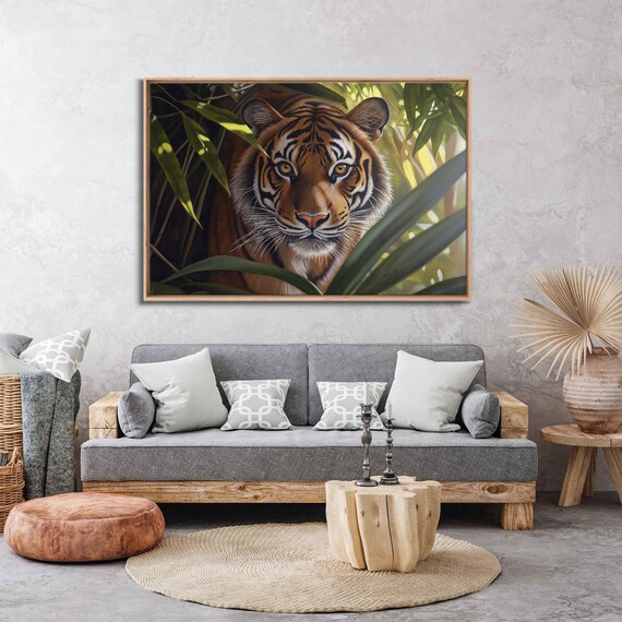Majestic Tiger Face Peeking Through Jungle Leaves Golden Eyes Portrait Poster
