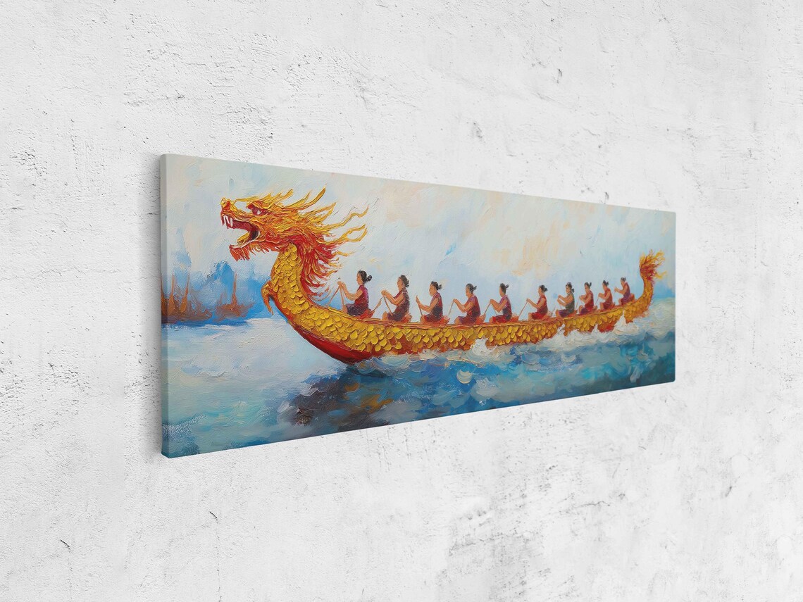 Dragon Boat Racing Painting Golden Dragon Rowers Panoramic Canvas Wall Art - Image 4