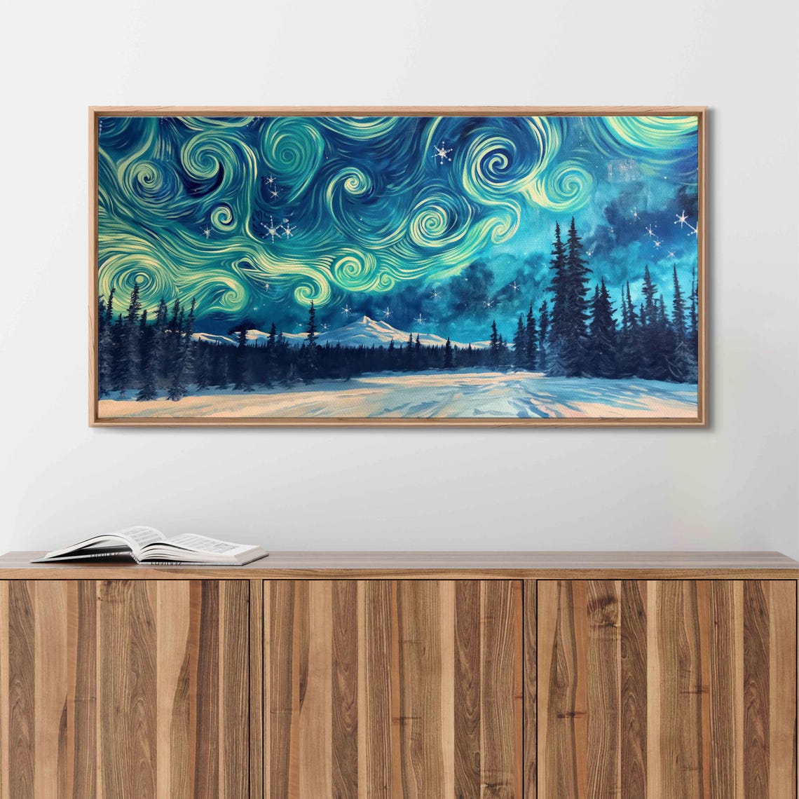 Teal Starry Night Swirls Over Snowy Forest And Mountain Peak Poster