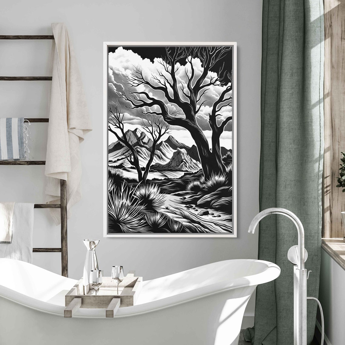Black And White Desert Mountains Bare Trees Illustration Print - Image 3