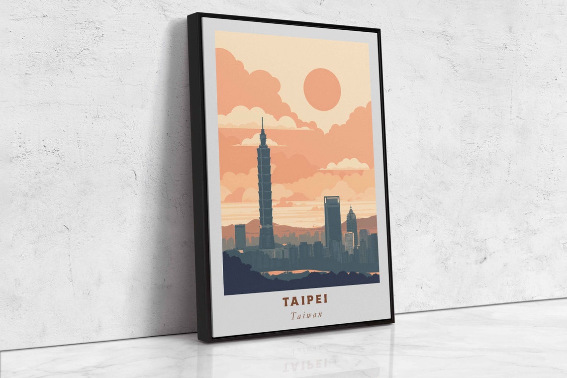 Taipei 101 Skyline Sunset Peach Sky Retro Taiwan Travel Poster - Image 2