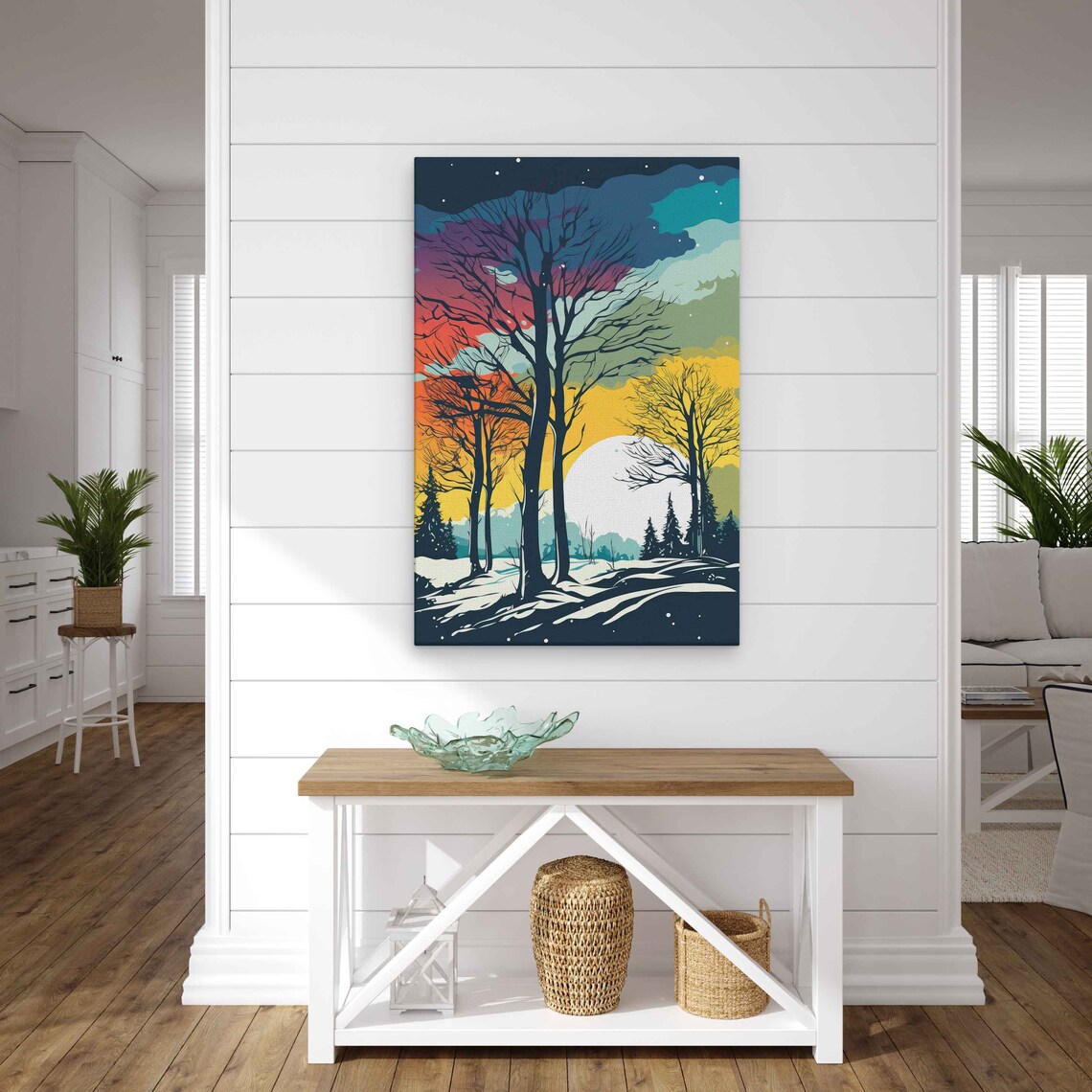 Colorful Winter Night Glow Bare Trees Snowy Field Art Poster - Image 2