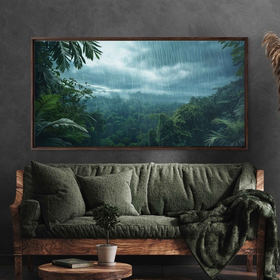 Heavy Rainfall Over Rainforest Wall Art Print Lush Jungle Landscape Monsoon Season Tropical Climate Dark Skies Ready To Hang