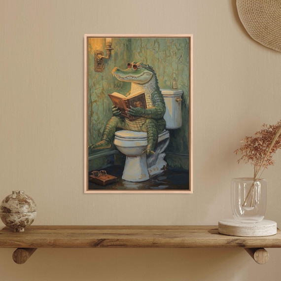 Whimsical Alligator Reading A Book On A Vintage Toilet Poster
