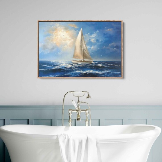 Sailboat Riding Choppy Blue Waves Golden Clouds Seascape Painting Poster