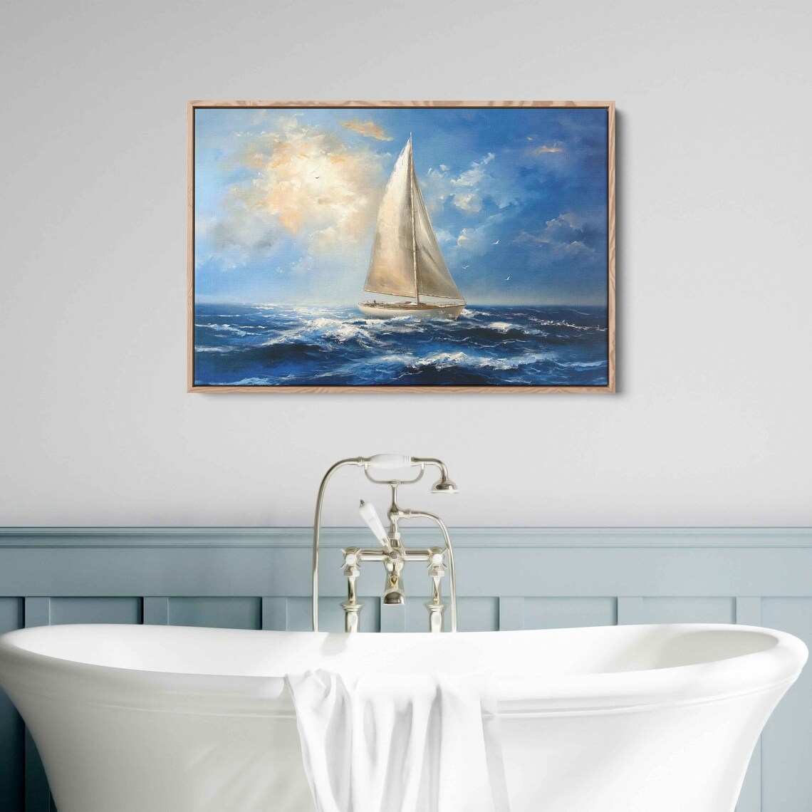 Sailboat Riding Choppy Blue Waves Golden Clouds Seascape Painting Poster