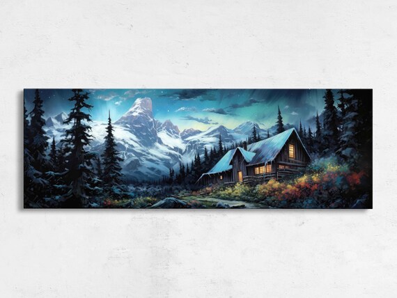 Snowy Mountain Cabin Teal Starry Night Sky Aurora Glow Winter Art Poster