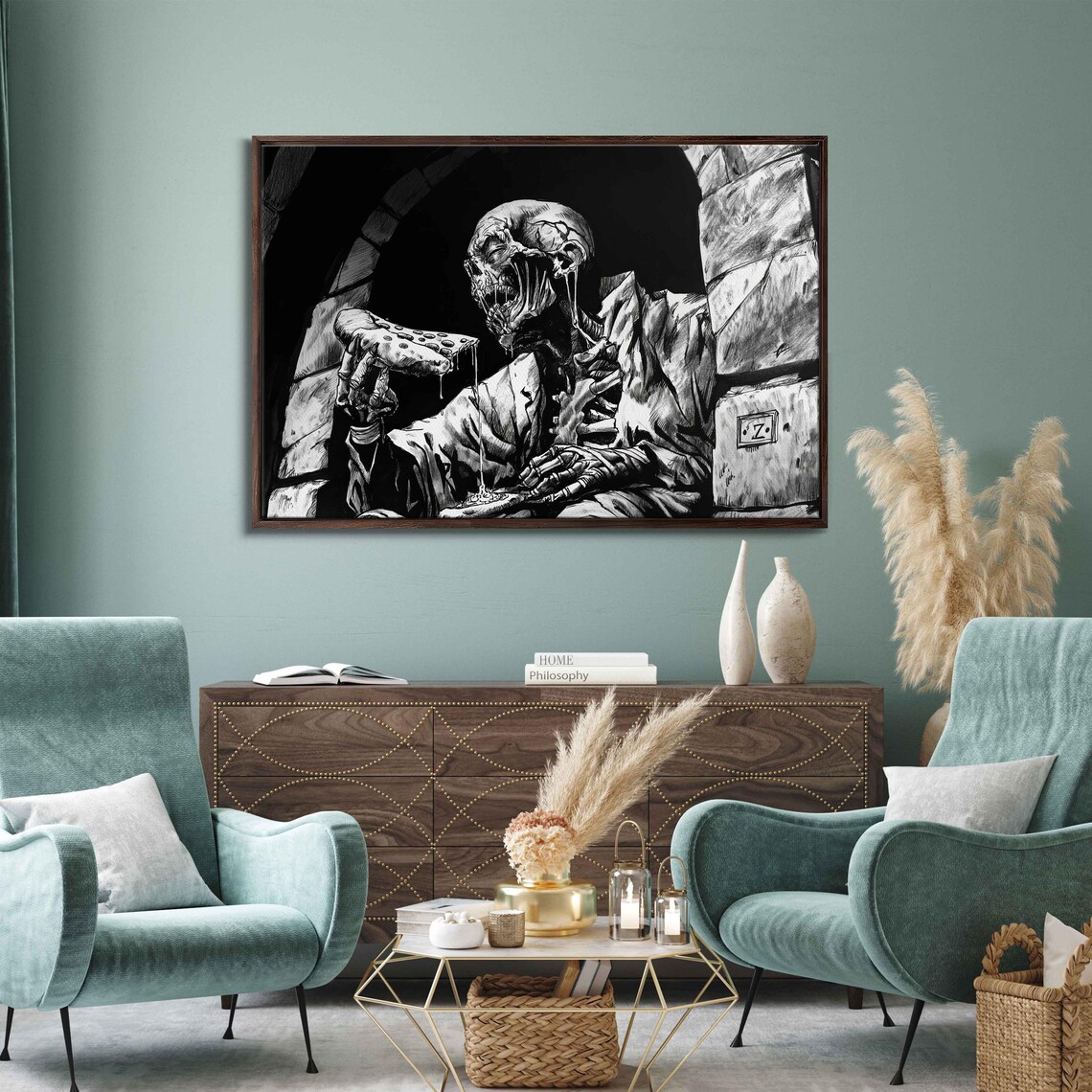 Zombie Skeleton Eating Pizza Slice In Brick Crypt Dark Humor Ink Poster - Image 3