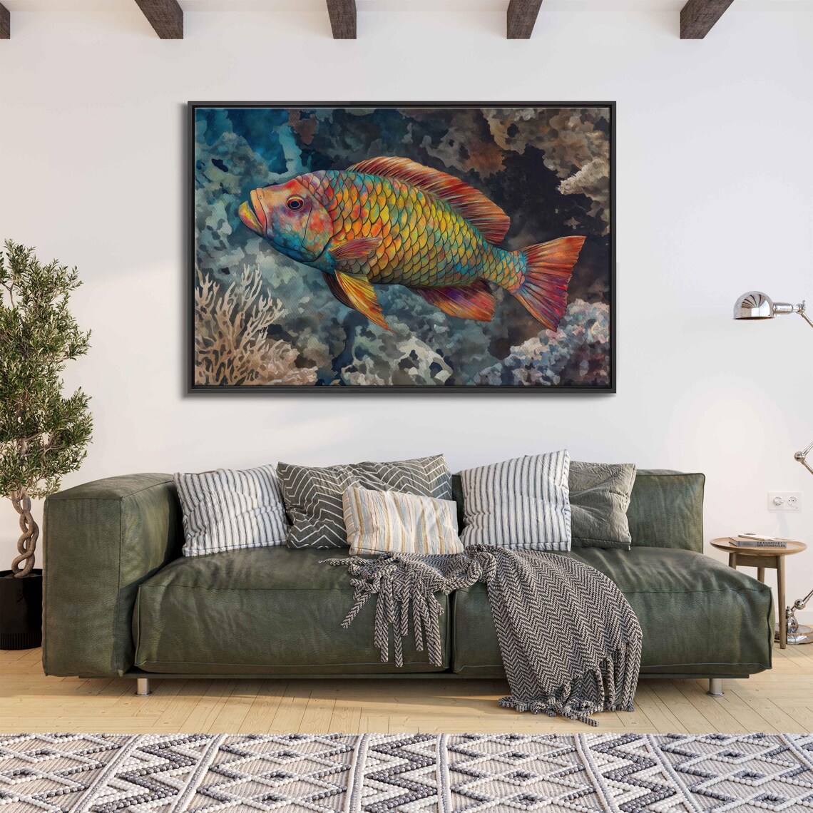 Colorful Parrotfish Swimming Watercolor Coral Scene Ocean Art Poster