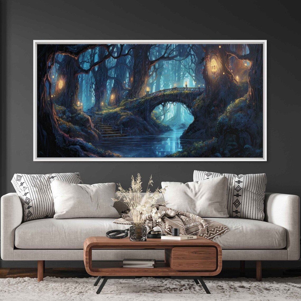 Enchanted Moonlit Forest Bridge Fantasy Art Print