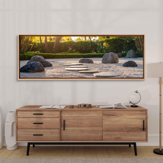 Japanese Zen Rock Garden Stepping Stones Raked Gravel Bamboo Morning Print