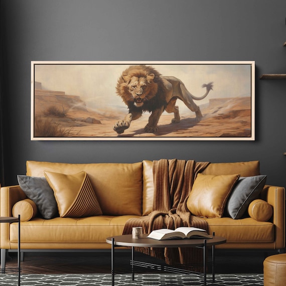 Ferocious Lion Charging Through Desert Dust Panoramic Wildlife Print