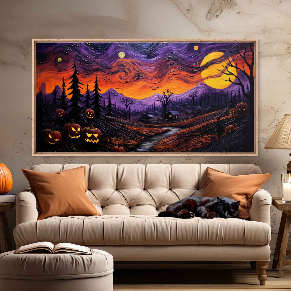 Starry Night Halloween Jack O Lanterns Spooky Town Moon Van Gogh Art Print - Image 2
