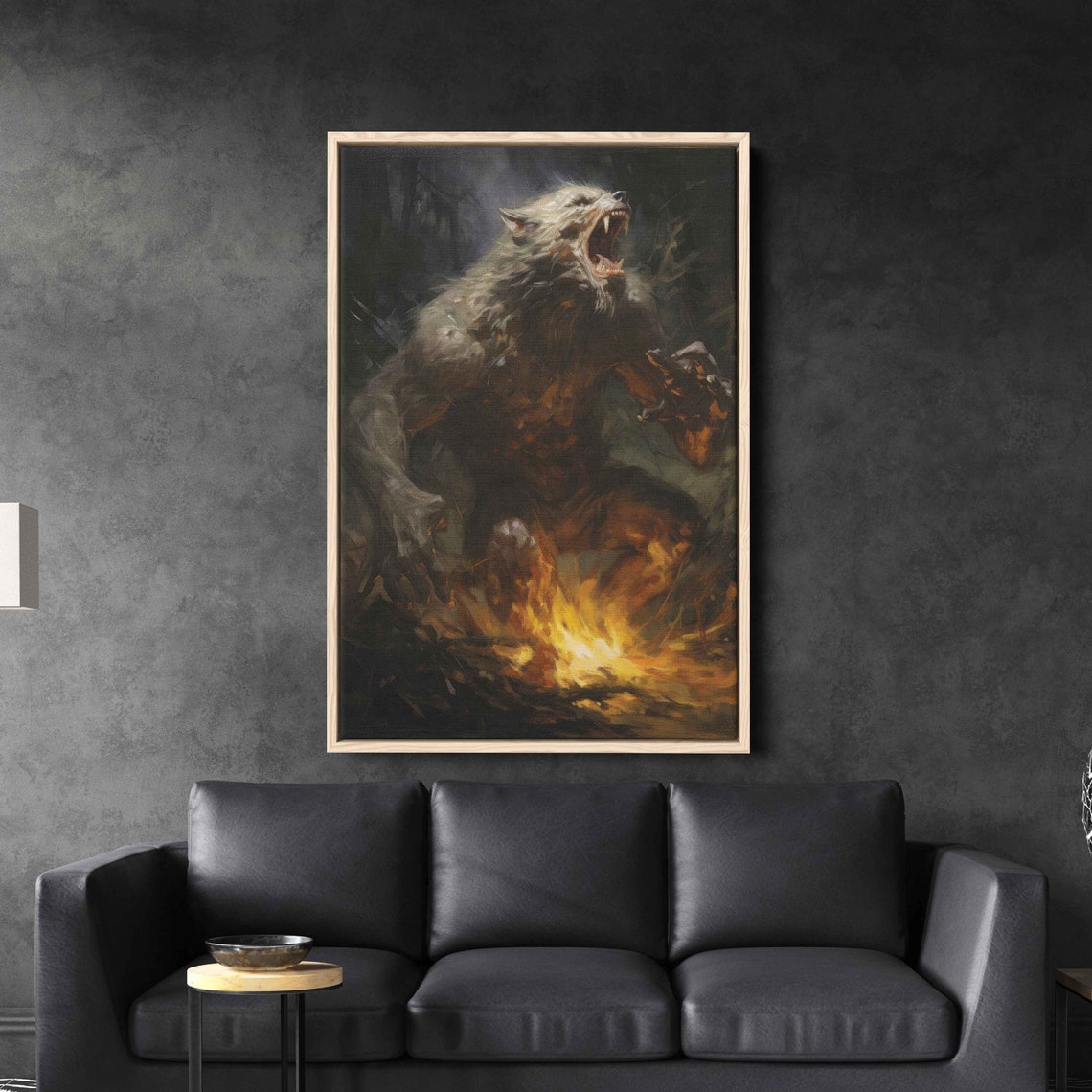 Ferocious White Werewolf Lunging From Firelight Horror Art Print - Image 4