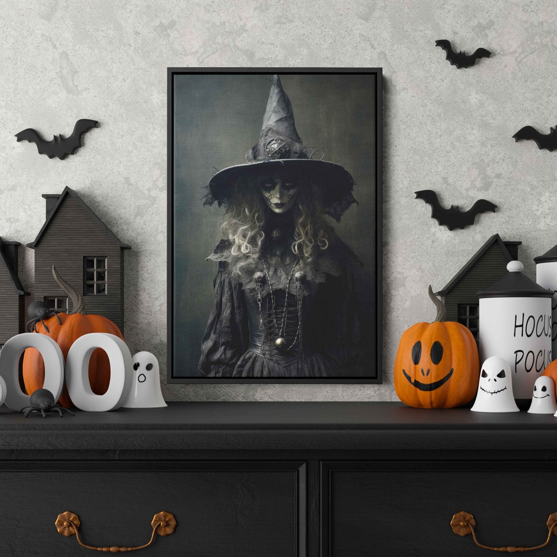 Dark Witch Portrait With Skull Hat Vintage Gothic Halloween Print