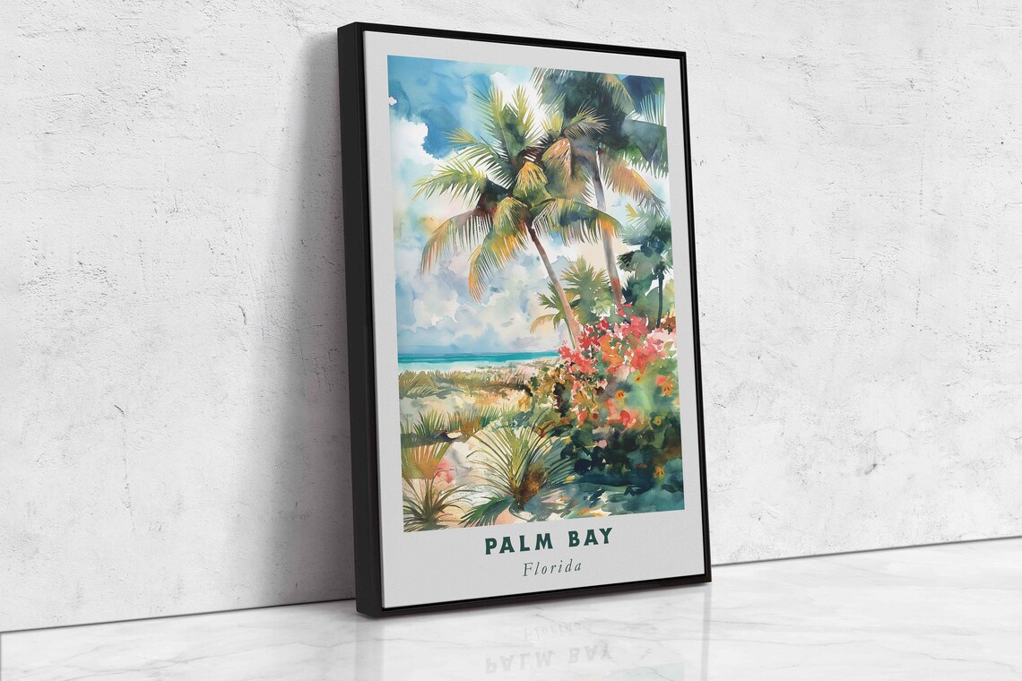 Palm Bay Florida Tropical Palm Beach Flowers Watercolor Art Poster - Image 2