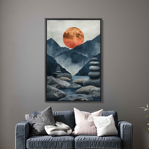 Burnt Orange Full Moon Over River Stones Blue Mountains Zen Art Print
