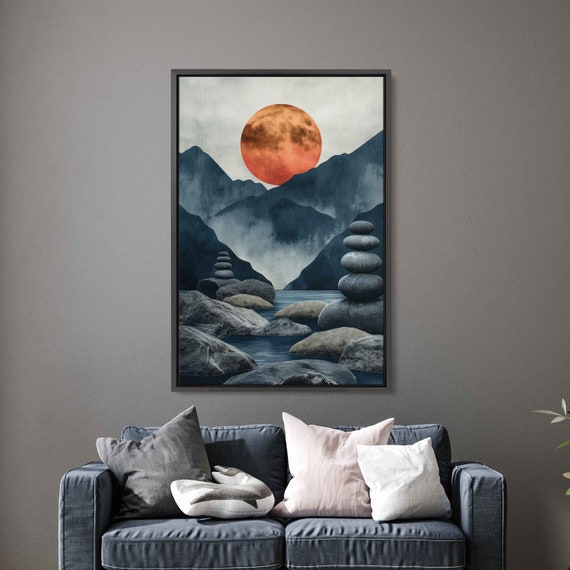 Zen Stacking Stones In Front Of Red Moon Wall Art Print Buddhism Meditation Balancing Rocks Japanese Stone Garden Ready To Hang