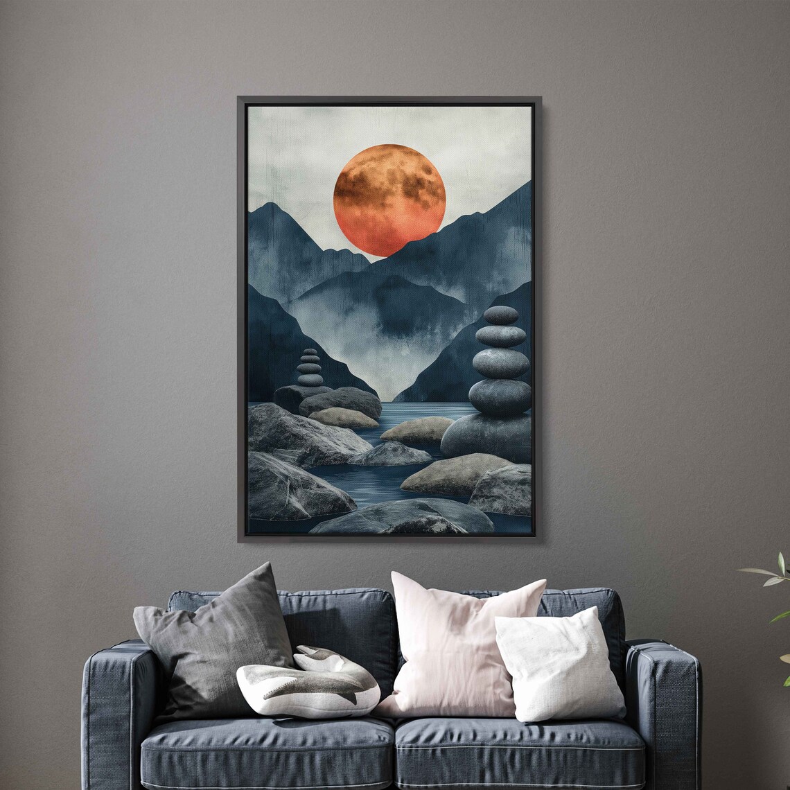 Burnt Orange Full Moon Over River Stones Blue Mountains Zen Art Print