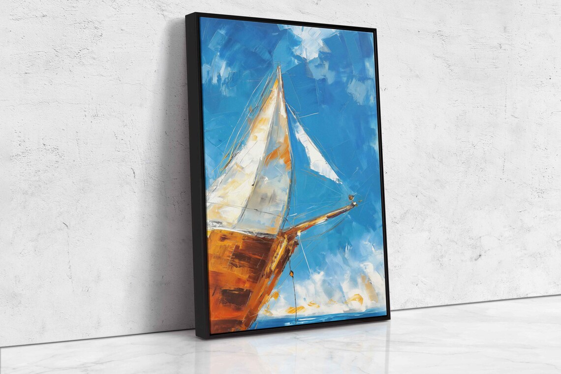 Bold Sailboat Bow Oil Painting With White Sails On Blue Ocean Wall Poster - Image 4