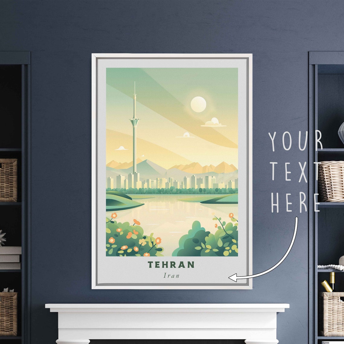 Tehran Iran Tall Tower Lake Mountains Vintage Green Art Poster