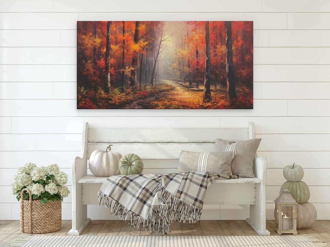 Misty Autumn Forest Path Red Orange Foliage Oil Painting Wall Poster - Image 2
