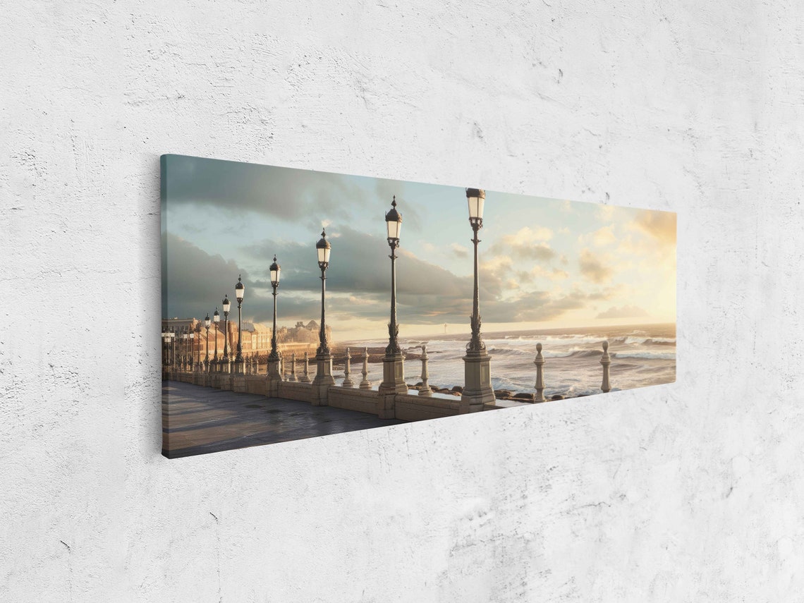 Sunrise Coastal Promenade Ocean Waves Vintage Lamppost Seaside Print - Image 4