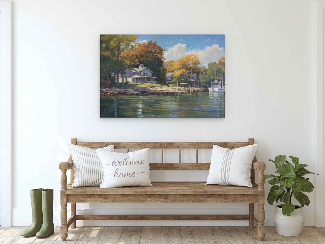 Pentwater Michigan Lake Dock Boats And Cottages Autumn Painting Poster - Image 2
