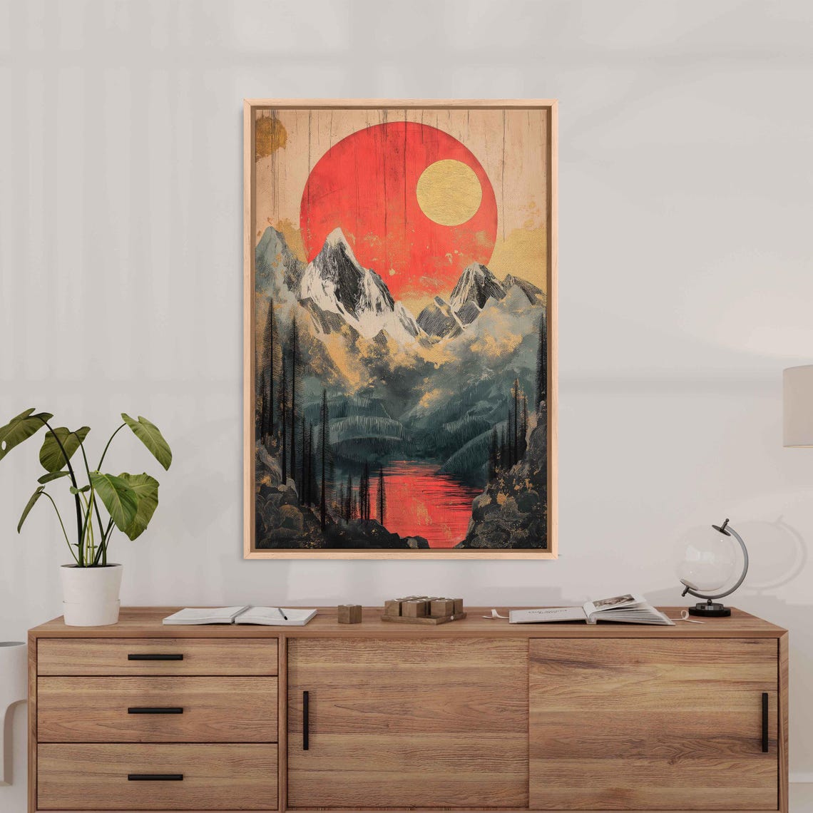Snow Capped Mountains Red Sun Golden Moon Vintage Landscape Art Poster