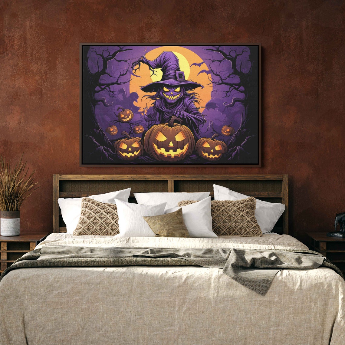 Scary Witch Jack O Lanterns Orange Moon Haunted Night Wall Art - Image 3