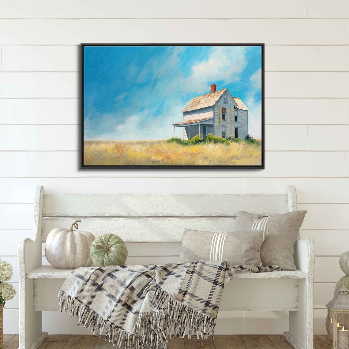 Old Farmhouse Golden Grassy Field Bright Blue Sky Minimal Painting - Image 3