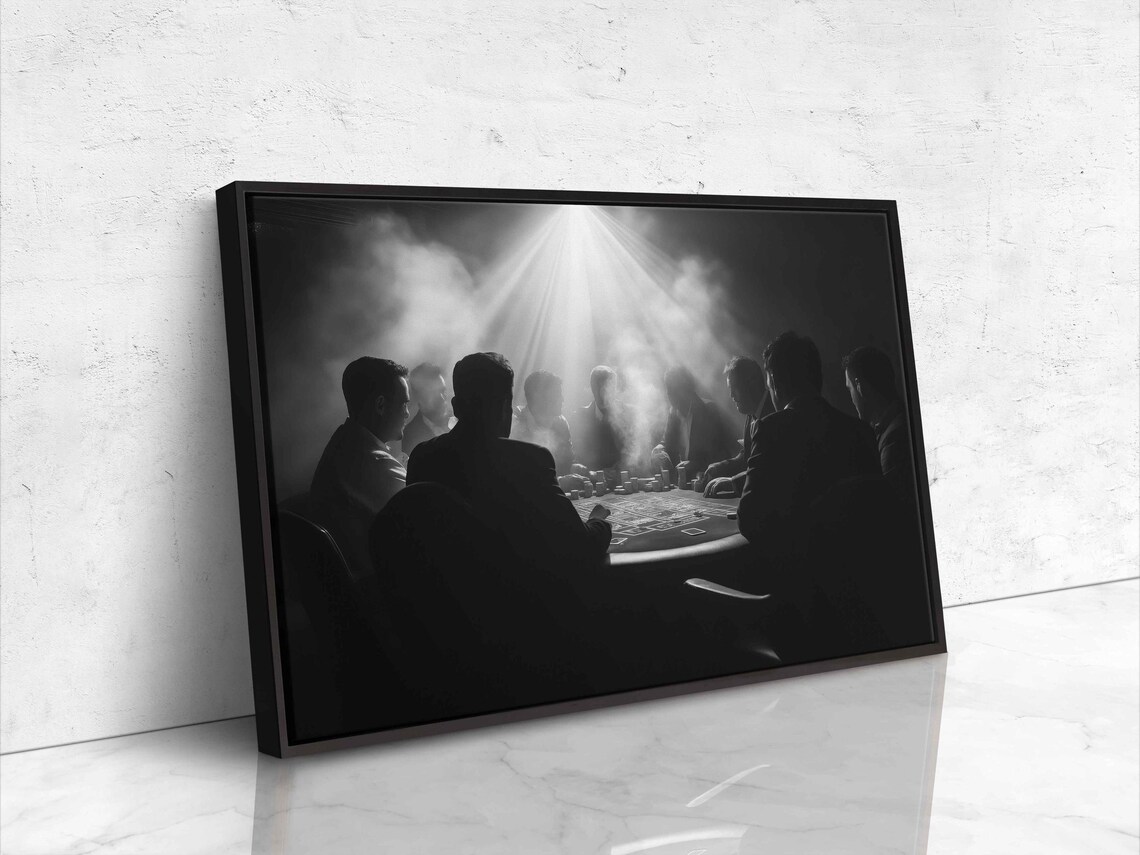 Vintage Poker Game Smoky Room Black White Noir Photography Art Poster - Image 4