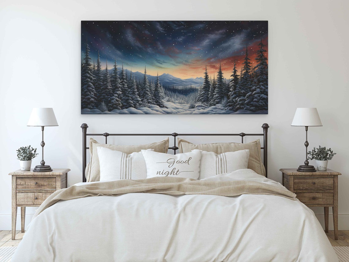 Winter Night Panoramic Starry Sky Snowy Forest Mountain Glow Poster - Image 3