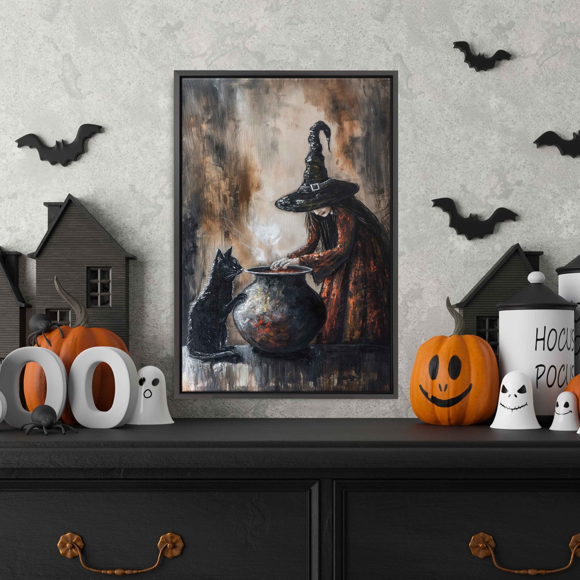 Vintage Witch Cauldron Potion Black Cat Rustic Spooky Halloween Poster - Image 3