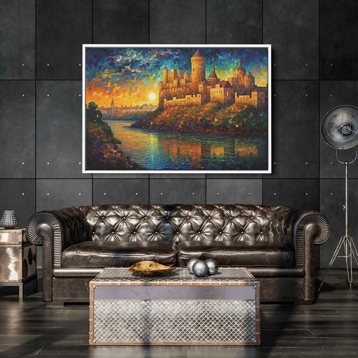 Castle On The Cliffside Oil Painting Palette Knife Technique Mosaic Effect Post Neo Impressionism Print On