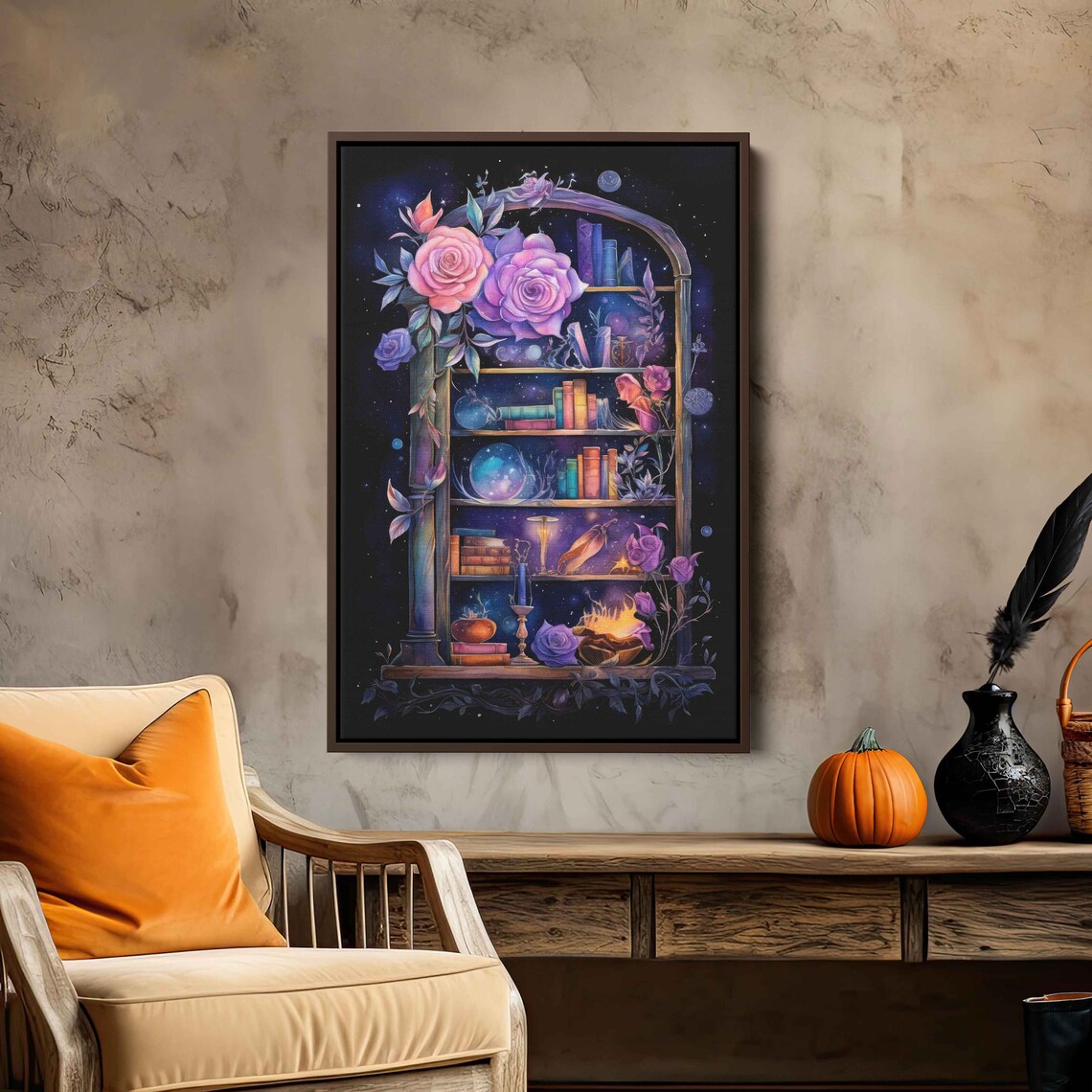 Celestial Witch Bookshelf Watercolor Roses Crystal Ball Magic Night Art Print - Image 3