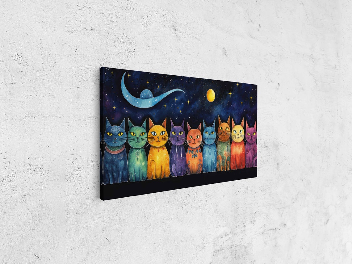 Whimsical Colorful Cats Crescent Moon Starry Night Panoramic Art Print - Image 4