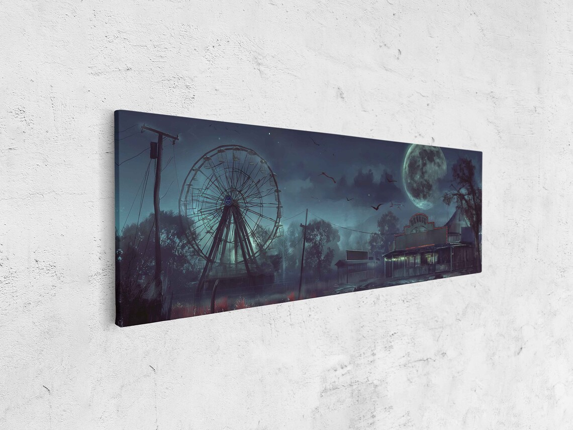 Abandoned Carnival Ferris Wheel Foggy Night Spooky Panoramic Poster - Image 4