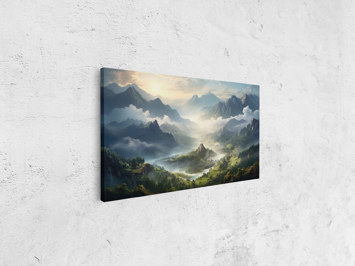 Foggy Watercolor Mountain River Wall Art Print Flowing Stream Peaceful Nature Cloudy Mountain Island Ready To Hang - Image 4