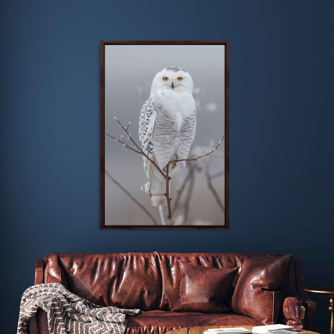 Snowy Owl Perched On Winter Branch Vivid Wildlife Photography Wall Art - Image 3
