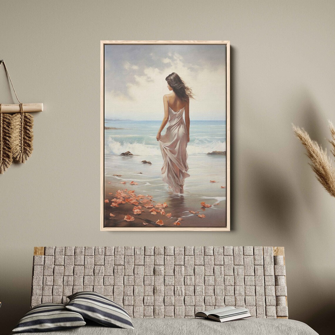 Woman Walking Beach Watercolor Flowing Dress Ocean Waves Art Poster