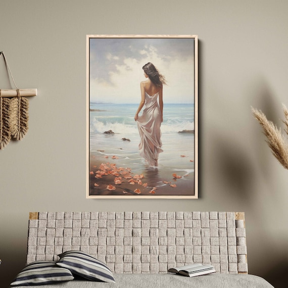 Woman Walking Beach Watercolor Flowing Dress Ocean Waves Art Poster
